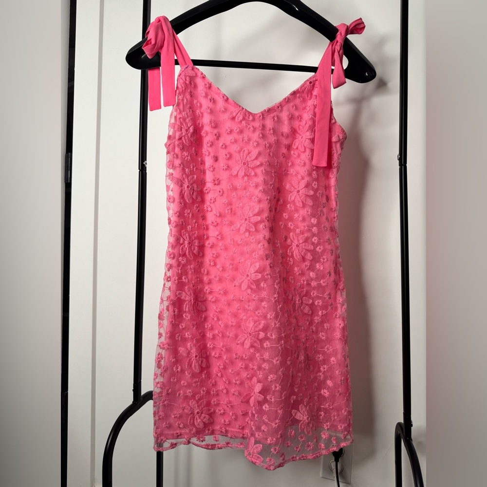 Pink Floral Lace Mini Textured Dress